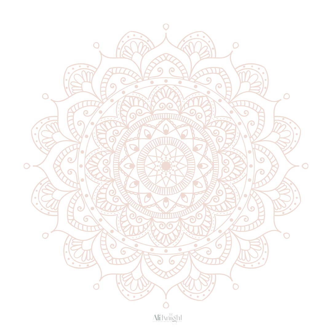 Cover graphic for Ali Knight's Back in Flow, a seven day reset programme for soul based business owners, featuring a delicate pale pink mandala illustration on a white background with the Ali Knight logo beneath