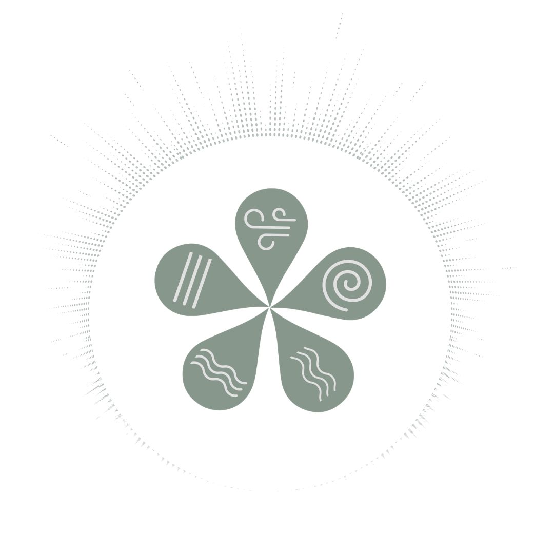 Cover graphic for Ali Knight's free resource "An Elemental Approach to Business", featuring a sage green flower-shaped logo with five petals each containing a different elemental symbol, surrounded by a dotted sunburst on a white background