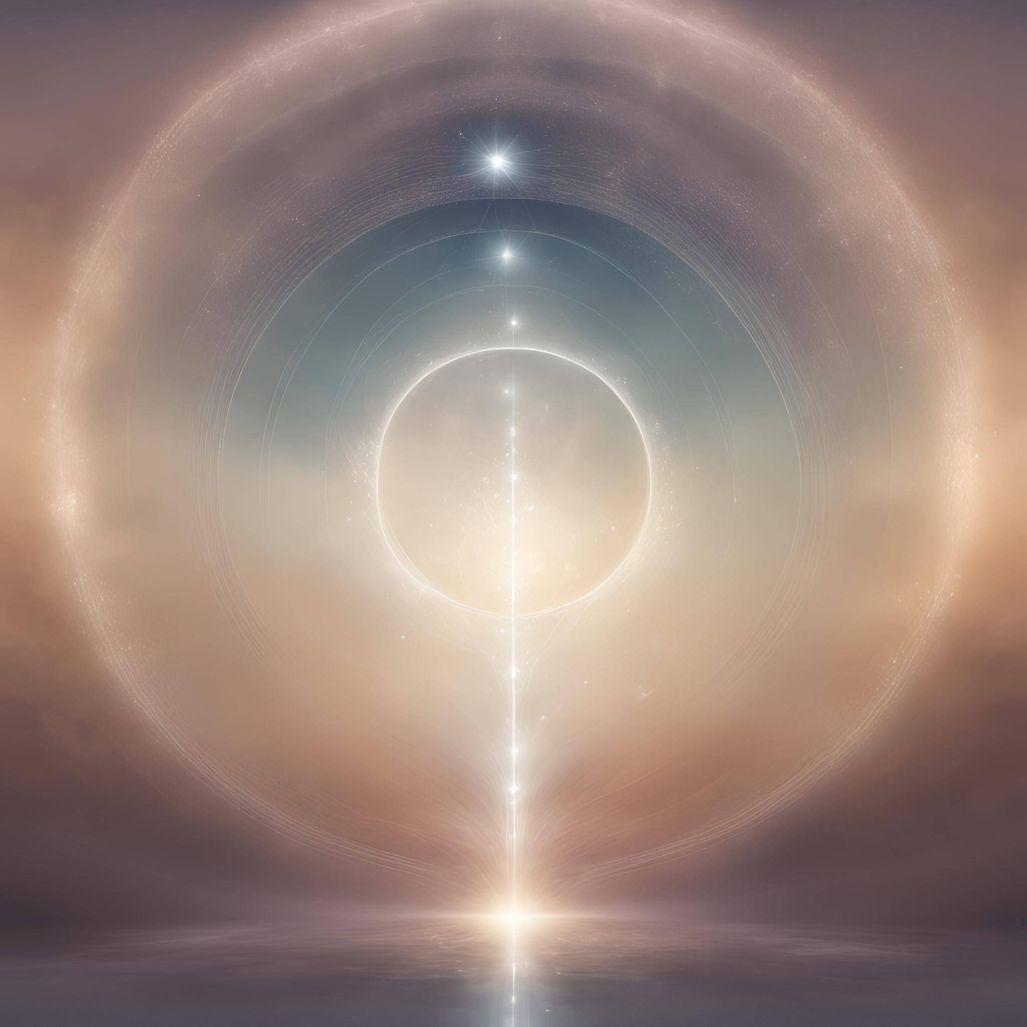 Cover graphic for Ali Knight's Discover Your Soul Truth self-paced programme, featuring a luminous digital illustration of concentric circles of light with a vertical beam and star points, in soft peach, blue and grey tones, evoking an ethereal, cosmic quality