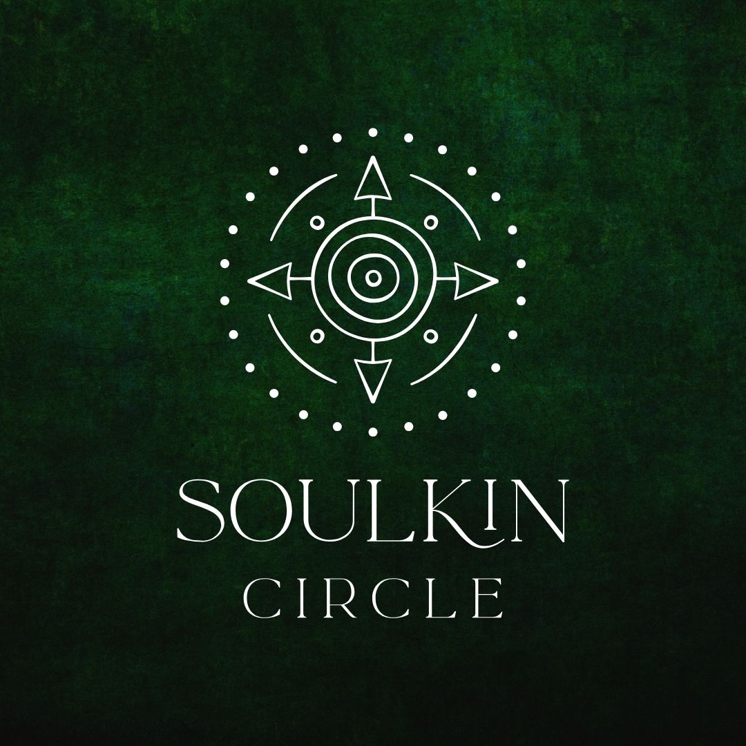 soulkin circle logo white block font on dark green background with concentric circles and radiating arrows